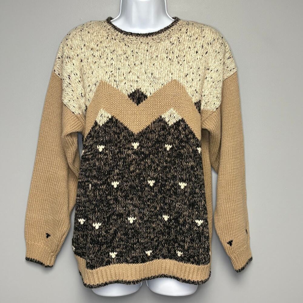 VTG Granny Grandmacore‎ Neutral 90s Moose Ski Cabin Knit Sweater Womens Sz S